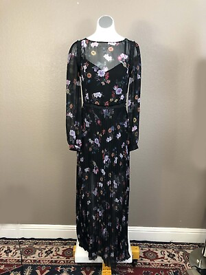 #ad Bebe Black Rhinestone Studded Floral Design Pleated Maxi Dress Sz 6 Pre Owned $31.50