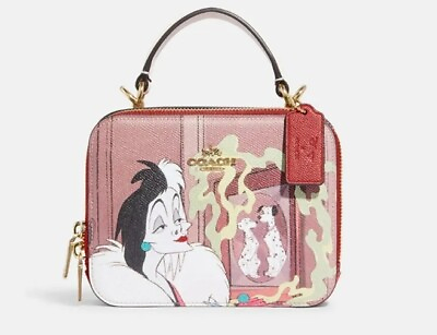 #ad COACH X Disney Box Crossbody Cruella De Vil Leather Bag Top Handle Purse NWT $158.00