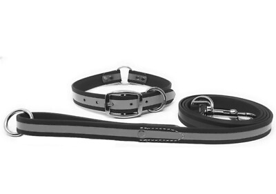 #ad Large Black Reflective Dog Collar and Leash Set 3M Waterproof BioThane USA $24.99