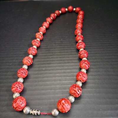 #ad Chinese Red Beaded Necklace Silver Colored Balls $39.95