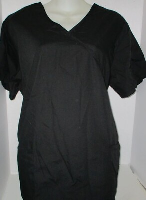 #ad Natural Uniforms Black Mock Wrap Vet Medical Nurse Scrub Top Size L $6.99