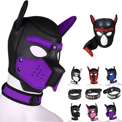 Party Masks Puppy Play Dog Leather Hooded Collar Arms Role Play Mask Kit Size L $28.99