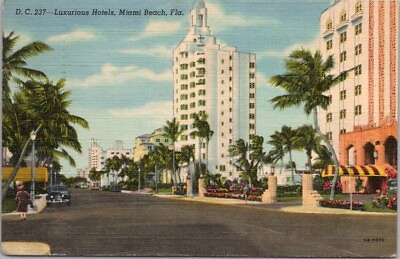 #ad MIAMI BEACH Florida Postcard quot;Luxurious Hotelsquot; Collins Avenue Linen 1951 $5.40