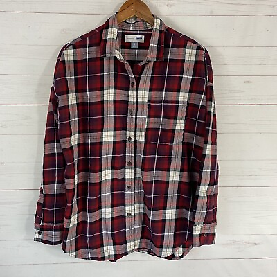 #ad Old Navy Womens Boyfriend Flannel Shirt Sz Large Red Plaid 100% Cotton Button Up $15.00