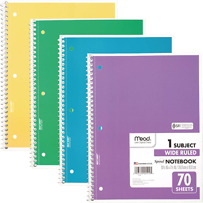 #ad Mead Spiral Notebooks 4 Pack 1 Subject Wide Ruled Paper 10 1 2quot; x 8quot; 70 Sh $16.71