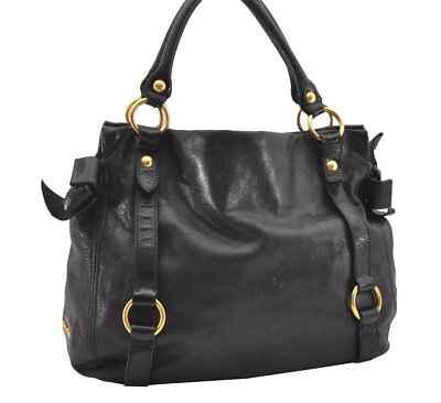 #ad Authentic MIU MIU Vintage Ribbon Leather Shoulder Tote Bag Black 2301J $190.00