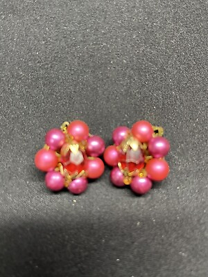 #ad Signed Japan Pink Red Beaded Huggie Clip On Earrings Red Resin Stone Pre Owned $12.00
