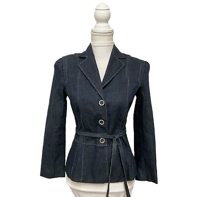 #ad Genny Moda Spa Ancon Navy Blue Luxury Jean Jacket w Self Belt Size 8 NWOTs READ $99.99