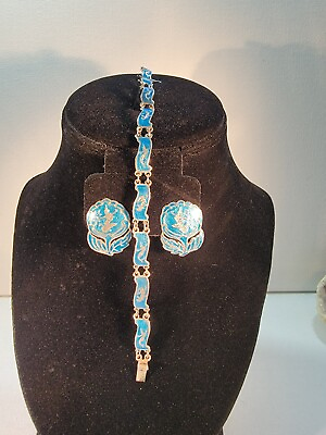 #ad Vintage Sterling Silver Siam Bracelet Earrings Set Blue Enamel Rare Signed Siam $40.50