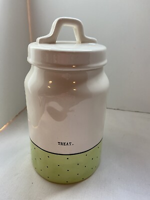 #ad Rae Dunn Artisan Collection TREAT Green Polka Dot Canister By Magenta $14.99