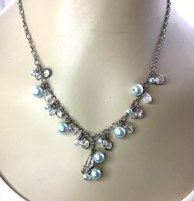 #ad Premier Designs Faux Light Blue Pearl Lariat Dangle Necklace Silver Tone 127 $14.95