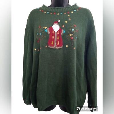 #ad CJ Banks Shirt Women 2X Sweater Green Holiday Santa Buttons Beaded Christmas $20.00