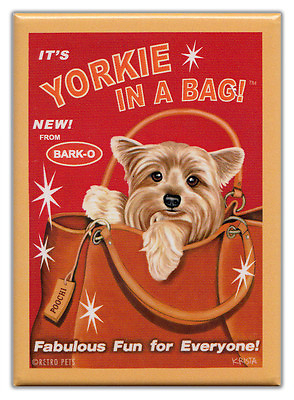 Retro Dogs Refrigerator Magnets: YORKIE IN A BAG Vintage Advertising Art $8.99