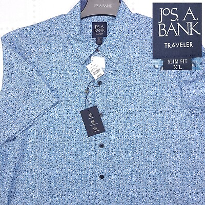 #ad Jos A Bank Traveler Mens Short Sleeve Button Up Shirt Size XL Slim Fit Blue #G03 $21.00