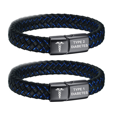#ad Braided Leather Medical Alert Men Bracelet Surfer Cuff Bangle DIABETES TYPE 1 2 $12.99
