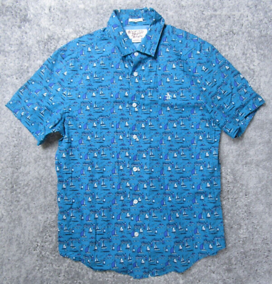 #ad Penguin Shirt Mens S Classic Fit Dress Blue Short Sleeve Button Up Sailboat Top $24.99