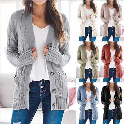 #ad Women Knit Cardigan Coat Long Sleeve Warm Sweaters Jacket Pockets Buttons Casual $21.99