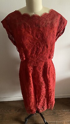 #ad Vintage 1950s Bullocks XL Red Lace Dress Union Label Lined Zipper Sash 41L 32W $150.00