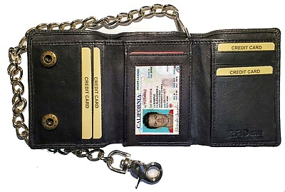 #ad Black RFID Blocking Vintage Genuine Leather Men#x27;s Biker Chain Trifold Wallet $18.02