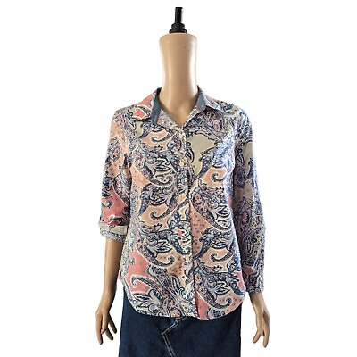 #ad NEW Charter Club Sz 4P Petite Womens Button Front Top PInk Blue Paisley Print $23.99