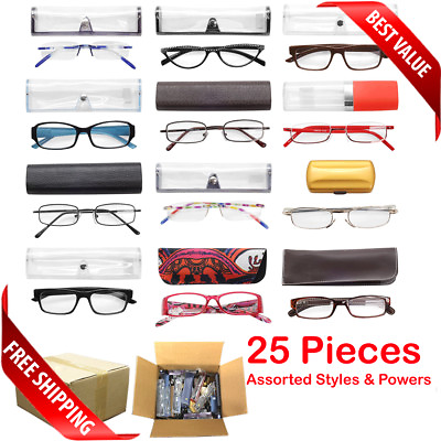 #ad READING GLASSES WITH CASE BULK LOT 25 36 50 PCS PER BOX ASSORTED STYLES POWERS $300.00