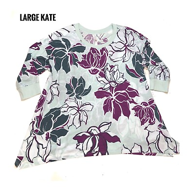 #ad Large Lularoe Cozy Kate 3 4 Sleeve Top Floral On Mint Shark Bite Hem Fits 14 $23.99