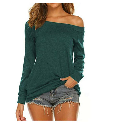#ad Womens Off Shoulder Casual Sweater Ladies Solid Long Sleeve Jumper Pullover Tops $10.44