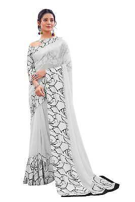 #ad Pure Georgette And Satin Patta Printed Saree with Printed Blouse Piece $25.19
