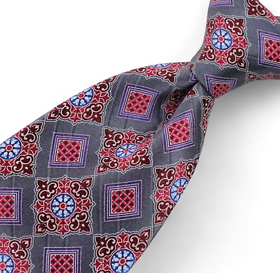 #ad Ermenegildo Zegna Silk Necktie Gray Red Purple Blue Geometric Pattern Italy $44.99