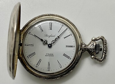 #ad Vintage Pocket Watch Mechanical Bergland Silver Plated Floral Swiss Rare Old 20c $280.00