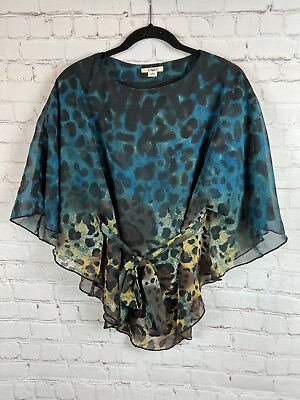 #ad CATO blue brown 2 ply flared belted leopard animal blouse top shirt size S $15.00