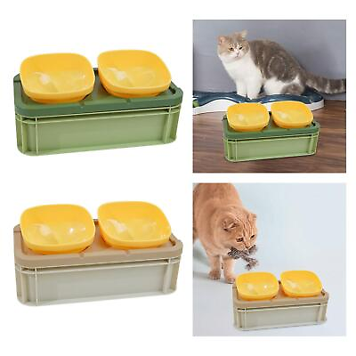 #ad Tilted Raised Cat Bowl Snack Container Durable Cat Feeding Dish 2 Bowls Neck $22.07