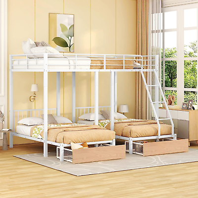 #ad Triple Bunk Bed Metal Full over Two Twin Beds with Storage Drawers and Shelf Det $640.99
