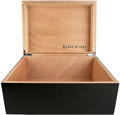 #ad Large Wooden Box with Hinged Lid Wood Storage Box with Lid Black Stash Box $45.95