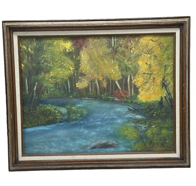 #ad Framed Landscape Acrylic Painting Autumn River Lake Signed 21”x 17” $48.99