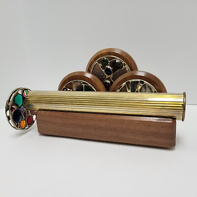 #ad Sheryl Koch Signed Brass Stained Glass Gemstone Kaleidoscope With 5 Wheels Stand $179.95
