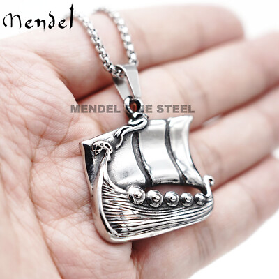 #ad MENDEL Stainless Steel Mens Nordic Viking Pirate Ship Pendant Necklace For Men $11.99