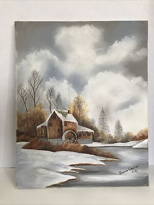 #ad Grist Mill Winter Landscape Oil Painting Signed On Canvas Original Vintage 20x16 $98.06