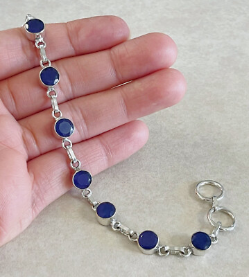 #ad NATURAL BLUE SAPPHIRE 925 STERLING SILVER CHAIN BRACELET 7.5” HANDMADE $22.99