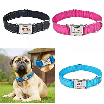 Personalized Nylon dog collar engraved custom ID Tag Name Number reflective $10.88