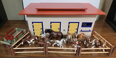 #ad Huge SCHLEICH Collection Lot of 9 Horses 3 People 1 Stable 1 Fence 1 cart $110.00