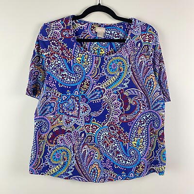 #ad Chicos Cotton Blend Slub Cool Tone Paisley T Shirt Size 2 US Large Blue $16.95