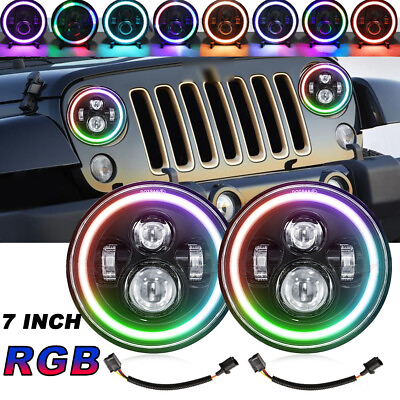#ad 2X For Ford Mustang F150 F100 DOT 7quot;Inch Round LED Headlight Hi Lo Halo RGB Lamp $75.99