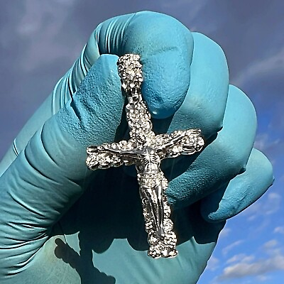 #ad Real 925 Sterling Silver Nugget Jesus Crucifix Cross Flooded Out CZ Iced Pendant $45.95