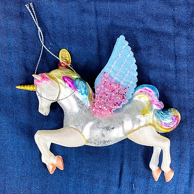 #ad Blown Glass Ornament By Robert Stanley Multicolored Unicorn with Wings see flaw $12.49