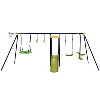 #ad 7 in 1 Stable A shaped Outdoor Swing Set for Backyard Color: Blue $465.38
