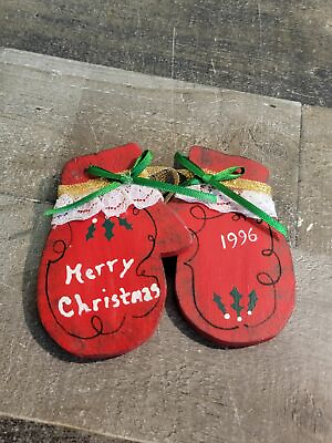 #ad Wooden merry Xmas 1996 red mitts gloves mistletoe ornament Xmas decor $6.97