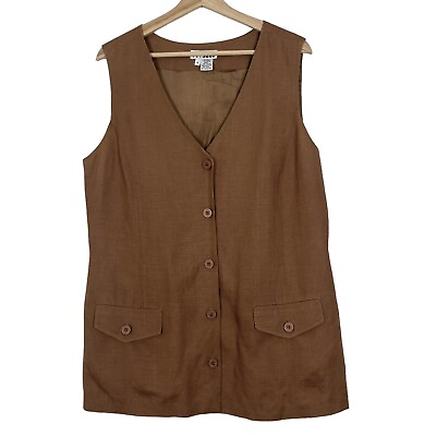 #ad NY Sake Top Womens Linen Button Front V Neck Vest Brown Size 16 $21.95