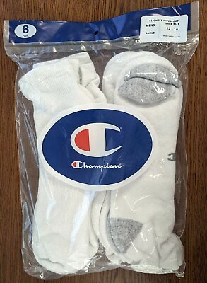 #ad CHAMPION PACK OF 6 PAIR OF MENS ANKLE SOCKS WHITE GREY SIZE 12 14 NEW IN PACKAGE $15.29