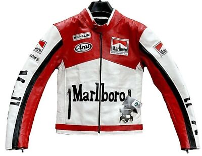 #ad Men Vintage Racing Marlboro Leather Jacket Rare Motorcycle Biker Leather Jacket $102.00